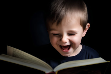 Cute little boy reading a book on a dark background, close-upの素材