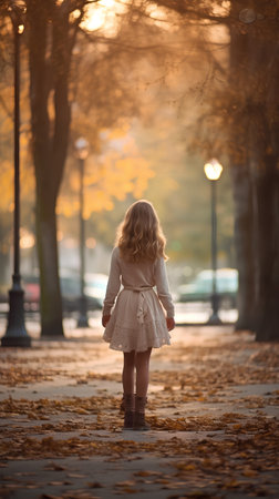 Cute little girl walking in autumn park. Back view. Soft focusの素材