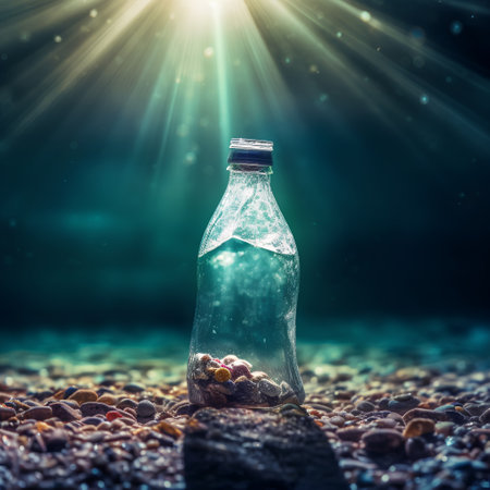 bottle of water on the sand with light rays in the backgroundの素材