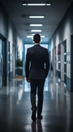 Rear view of a businessman standing in a corridor of a hospitalの素材