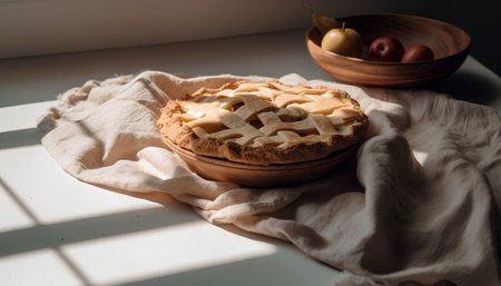 Freshly baked homemade apple pie in a wooden bowl on a light background.の素材