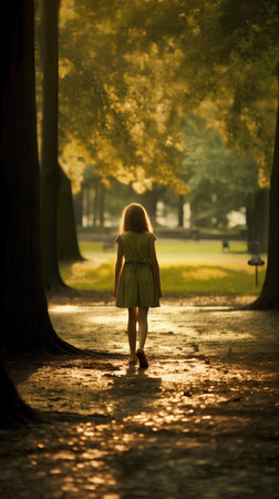 Little girl walking in the park at sunset, back lit, tonedの素材