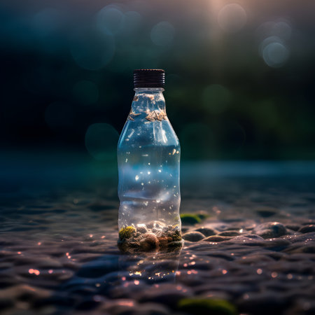Plastic bottle of water on the stone beach with bokeh backgroundの素材