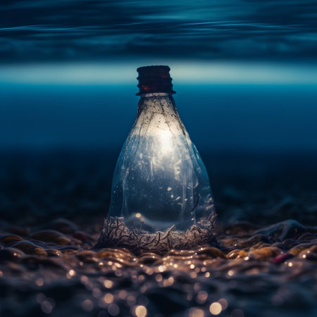 Glass bottle with a glowing light inside on the seashore.の素材