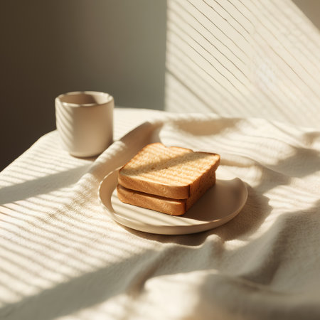 Toast bread on a plate with a cup of coffee in the morning sunlightの素材
