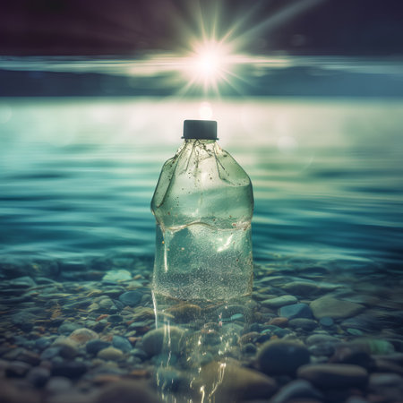 Plastic bottle with water on the beach in the evening. Conceptual image.の素材