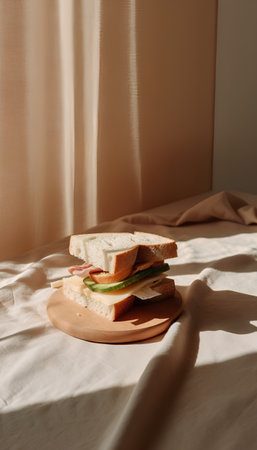 sandwich with ham, cheese and lettuce on wooden board on bedの素材