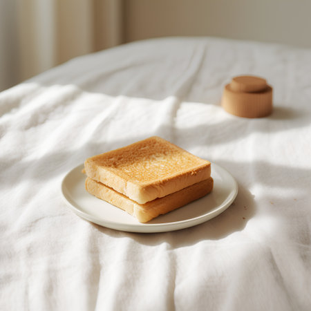 Toasted bread on a white plate on the bed. Selective focus.の素材