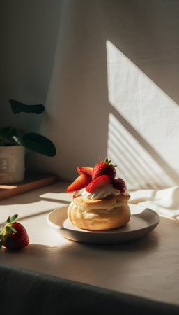 Cream puff with fresh strawberries and whipped cream on a white plateの素材