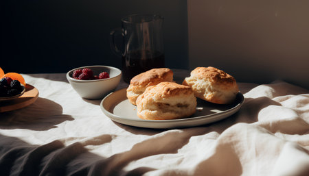 Breakfast in bed with coffee and scones. Selective focus.の素材