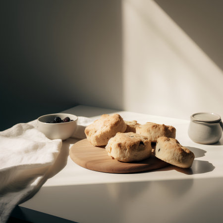 Homemade scones on a wooden board with a white napkin.の素材