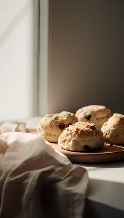 Homemade scones with raisins on a wooden board. Selective focus.の素材