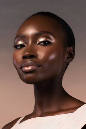 Beautiful african american woman with golden makeup on a dark backgroundの素材
