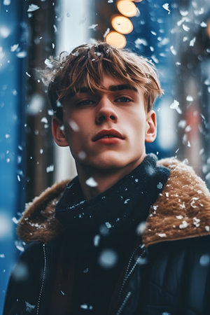 Portrait of a handsome young man on the street in winter.の素材