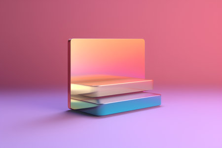 3d render of glossy glass podium with gold, pink and blue backgroundの素材