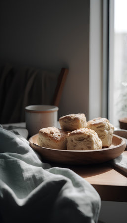 Scones in a wooden plate and a cup of coffee on the windowsill.の素材