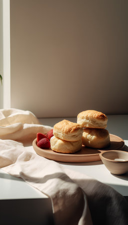 Scones with strawberry on wooden plate on white table in morning sunlightの素材