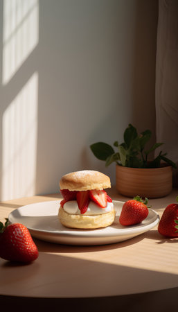 Creamy biscuit with strawberries on a white plate on a wooden tableの素材