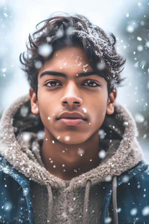 Portrait of handsome young man in winter clothes with snowflakesの素材