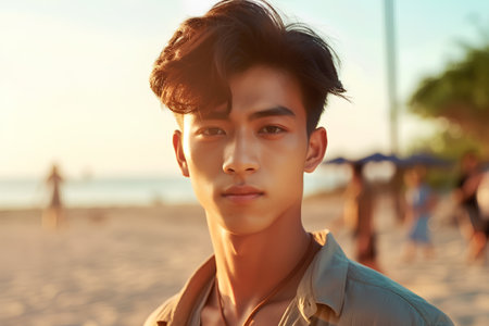 Portrait of a handsome young asian man on the beach.の素材
