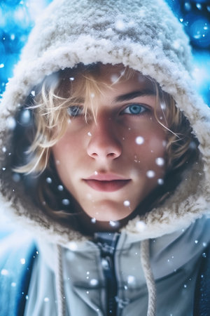 Portrait of a young man in winter clothes. Snowfall.の素材