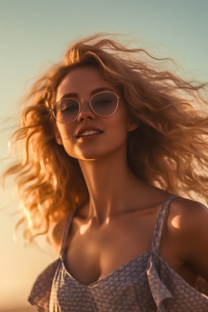 Portrait of a beautiful young woman with long curly hair in sunglassesの素材