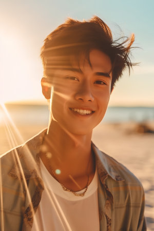 Portrait of young asian man on the beach at sunset.の素材