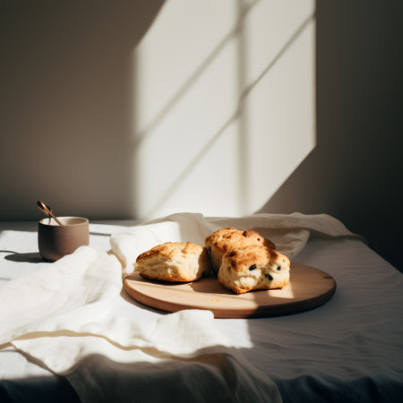 Scones with raisins on a wooden board on a white linen tablecloth next to a cup of coffee in the morning sunlightの素材