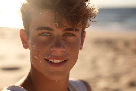 Portrait of a handsome young man on the beach at sunset.の素材