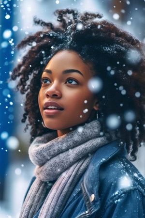 Beautiful african american woman with afro hairstyle in winterの素材
