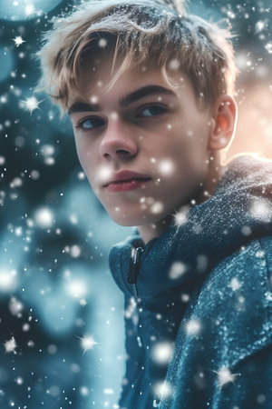 Portrait of a young man in winter park. Snowfall.の素材