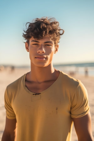 Portrait of a handsome young man on the beach looking at cameraの素材
