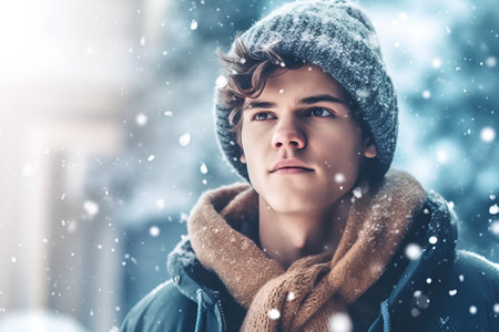 Portrait of a handsome young man in winter clothes in the cityの素材