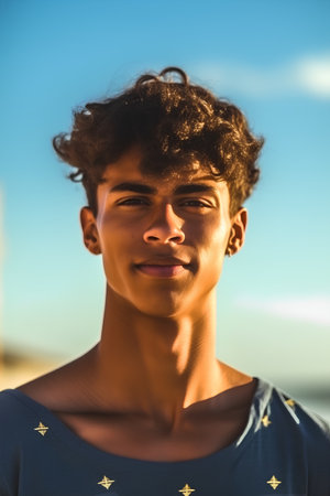 Portrait of a handsome young man on the beach at sunset.の素材