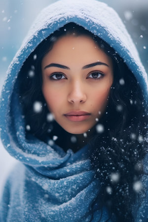 Winter portrait of a beautiful young woman in a blue scarf and sweaterの素材