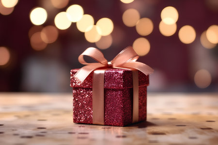 Red gift box on wooden table with bokeh lights background.の素材