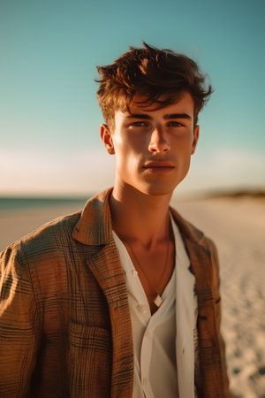 Handsome young man on the beach at sunset. Fashion shot.の素材