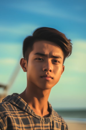 Portrait of a handsome young asian man standing on the beachの素材