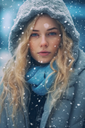 Beautiful young woman in winter clothes with snowflakes on her faceの素材