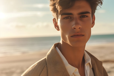 Portrait of a handsome young man on the beach. Men's beauty, fashion.の素材