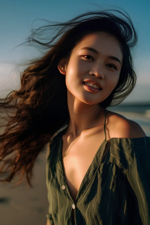 Beautiful asian girl on the beach in the sunset light.の素材