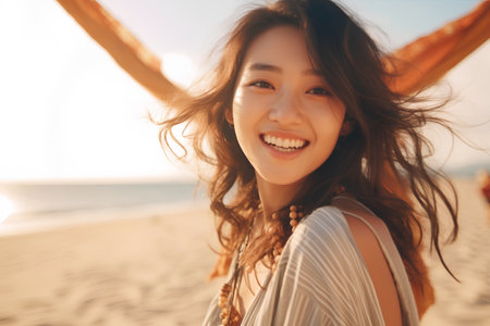 Beautiful young asian woman on the beach at sunset in summerの素材