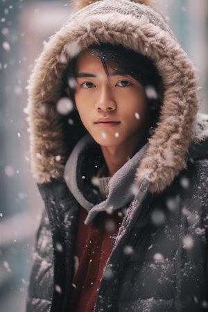 Portrait of a young Asian woman in a winter coat with a hood.の素材