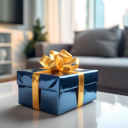 Blue gift box with golden bow on the table in the living roomの素材