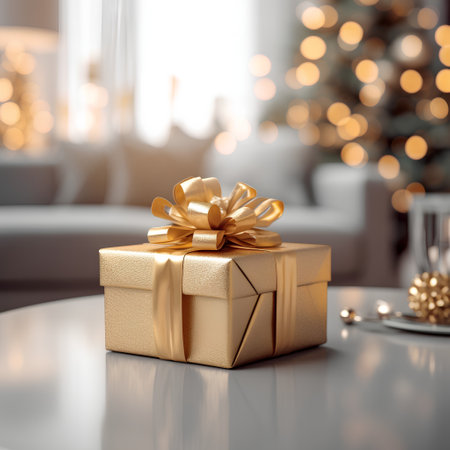 Golden gift box with golden bow on table in living room. Christmas and New Year conceptの素材