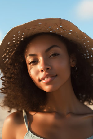 Beautiful african american woman in hat on the beach.の素材