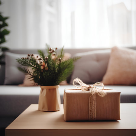 Gift box with a bow on the table in the living roomの素材