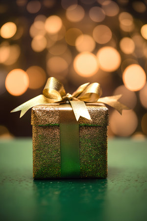 Gift box with gold bow on bokeh lights background.の素材