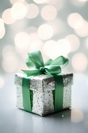 Gift box with a green bow on a bokeh backgroundの素材