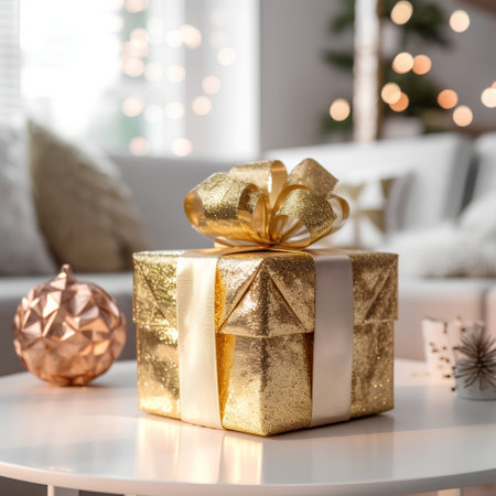 Beautiful golden gift box on white table in living room, closeupの素材